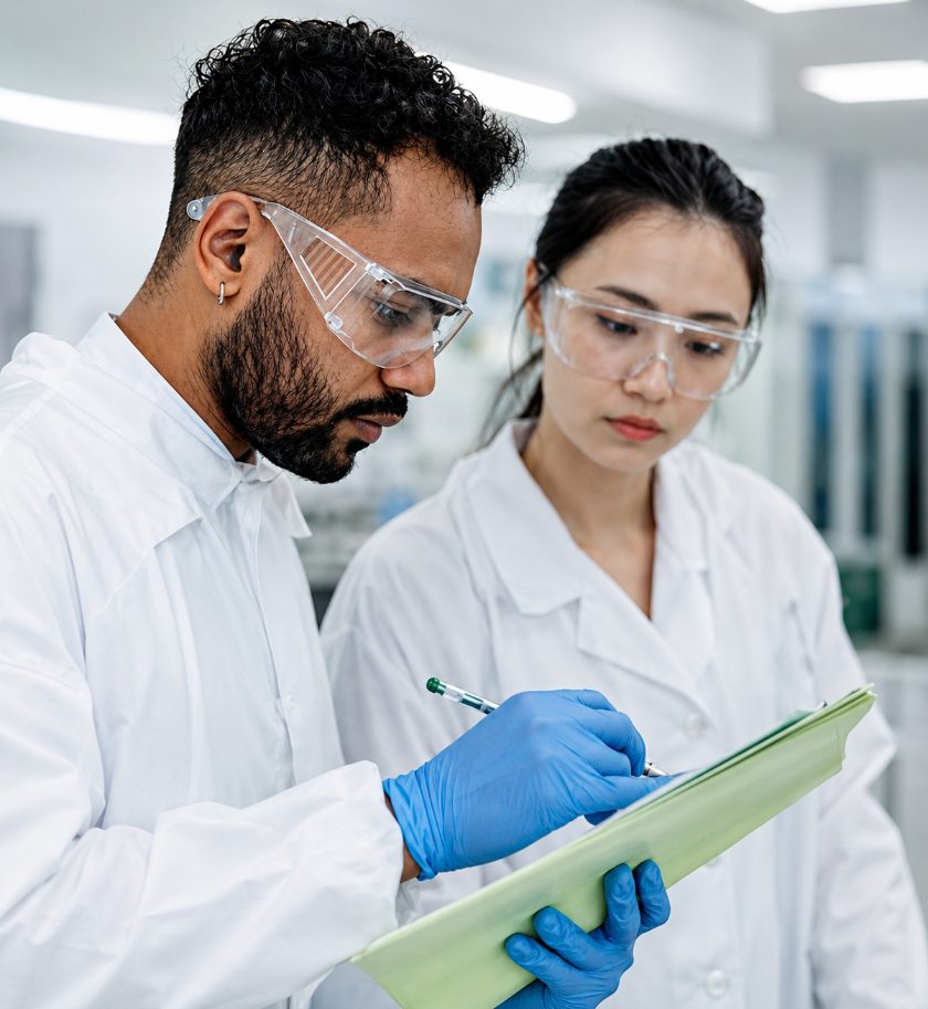 Two scientists reviewing research notes in a lab